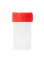small clear plastic container with red ribbed lid isolated on white background ideal for collecting samples in sterile conditions, photo