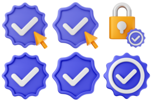 A set of blue badges with a lock and check mark png