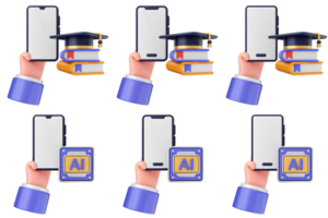 A set of six hands holding up a smartphone with a graduation cap on it png