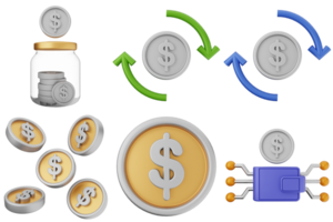 A set of icons that include a dollar sign, a jar, and a coin png