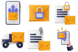 Email icon set with lock, envelope, phone and other items png