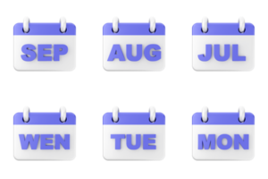 A set of calendar icons with the dates of july, august, september and png