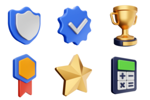 A set of icons that include a trophy, star, and other items png