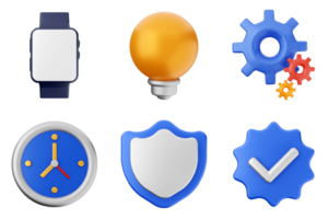 A set of icons that include a clock, a watch, a light bulb, a gear, png