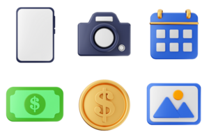A set of icons that include a dollar bill, a coin, a calendar, and a camera png