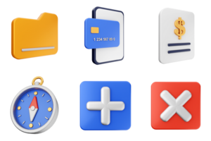 A set of icons that include a compass, money, and a credit card png