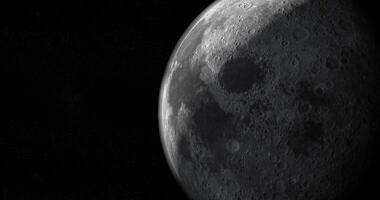 Towards Mare Crisium in the lunar surface of the moon in rotation, 3d rendering video