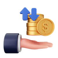 Money icon with a hand holding a stack of coins and an arrow pointing up png