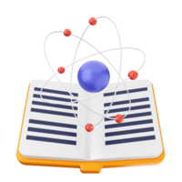 An open book with an atom and a blue sphere png