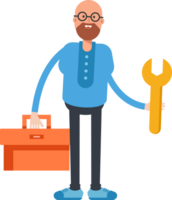 Bald and Beard Man Character Holding Toolbox and Wrench png