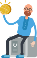 Bald and Beard Man Character Sitting on Safe and Holding Dollar Coin png