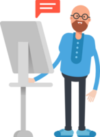 Bald and Beard Man Character Working on Computer png