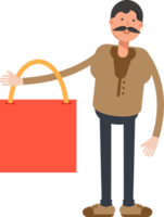 Old Man in Brown Shirt Character Holding Shopping Bag png