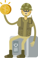 Robot Soldier Character Sitting on Safe and Holding Dollar Coin png
