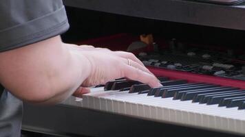 Close-up of a musician's hands playing keyboard piano in a cozy indoor setting with natural lighting video