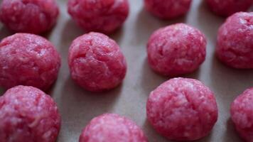 Close-Up of Fresh Raw Meatballs Arranged on Baking Sheet for Delicious Homemade Cooking video