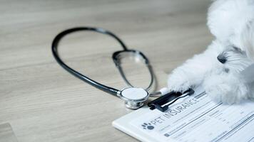 Close-up of pet insurance form with a stethoscope in focus and a blurred puppy in the background, emphasizing the importance of planning for pet healthcare. photo
