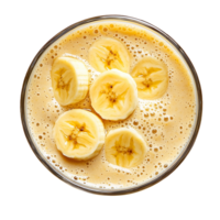 Delicious banana smoothie in glass, top view, healthy breakfast idea isolated on transparent background png
