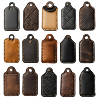 Assorted leather keychains tags collection for branding and design isolated on transparent background png