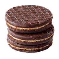 Stack of three chocolate cookies with cream filling dessert sweets isolated on transparent background png