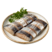 Herring fillets sliced on plate with parsley garnish seafood dish isolated on transparent background png