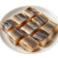 Fresh herring fillets on a plate ready to eat seafood delicacy isolated on transparent background png