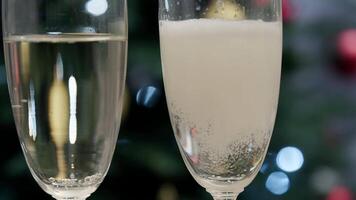 Close-up of two champagne flutes with bubbly sparkling wine in festive holiday setting with bokeh lights video
