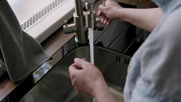 Hands Washing Fresh Red Onion Under Running Water in Modern Kitchen Sink Environment video