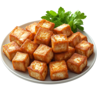 Delicious fried tofu cubes served on a plate with fresh herbs garnish isolated on transparent background png