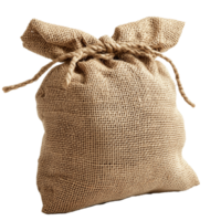 Close up burlap sack bag with tie string package product material isolated on transparent background png