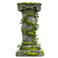 Ancient stone column with moss and vines architecture element art isolated on transparent background png