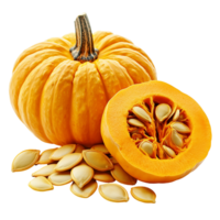 Fresh pumpkins and seeds for halloween thanksgiving autumn harvest season isolated on transparent background png