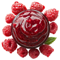 Fresh raspberry jam in a bowl with raspberries around it on background isolated on transparent background png