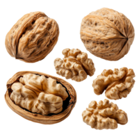 Walnuts shelled and unshelled nutritious food ingredient close up view isolated on transparent background png