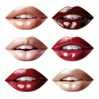 Selection of glossy lips with different lipsticks shades for beauty concept isolated on transparent background png