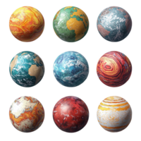 Nine colorful planet globes set against a plain background for design work isolated on transparent background png