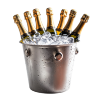 Chilled champagne bottles in ice bucket for celebration and event design isolated on transparent background png