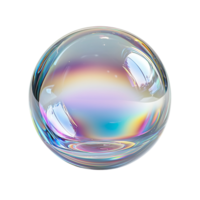 Clear sphere with iridescent sheen and reflections on a plain backdrop isolated on transparent background png