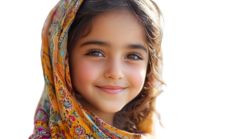 Portrait of a beautiful little girl with headscarf smiling at the camera isolated on transparent background png