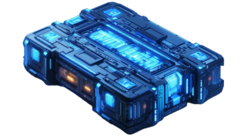 Futuristic technology container box with glowing blue elements isolated on transparent background png