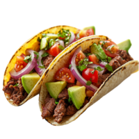 Delicious beef tacos with avocado tomato and onion food presentation isolated on transparent background png