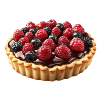 Delicious raspberry and blackberry tart with chocolate filling treat isolated on transparent background png