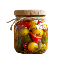 Canned colorful peppers and tomatoes in a glass jar with wooden lid isolated on transparent background png