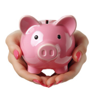 Pink piggy bank in hands savings and finance concept for investment isolated on transparent background png