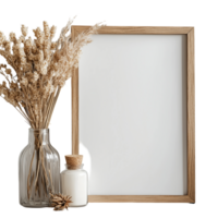 Wooden frame with vase and candle for artwork display template isolated on transparent background png