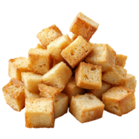 Pile of golden brown croutons for salads and soups close up view isolated on transparent background png