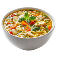 Bowl of chicken noodle soup with vegetables and fresh basil leaf isolated on transparent background png