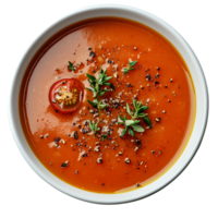 Fresh tomato soup with herbs and spices in a white bowl overhead isolated on transparent background png