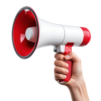 Hand Holding Red White Megaphone to Make Loud Announcement or Amplify Voice Message Isolated at the Transparent Background png