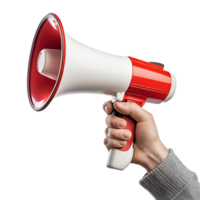 Hand Holding Red White Megaphone to Make Loud Announcement or Amplify Voice Message Isolated on the Transparent Background png